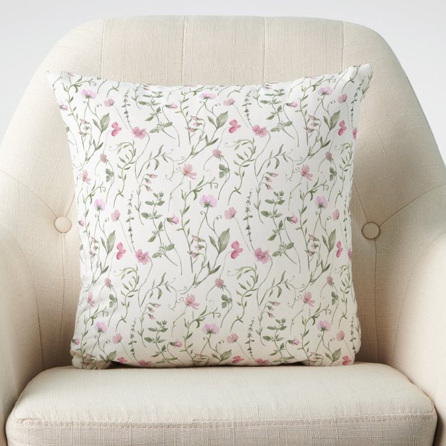 Coussin jeté fleur sauvage aquarelle vert rose (Créateur téléchargé)