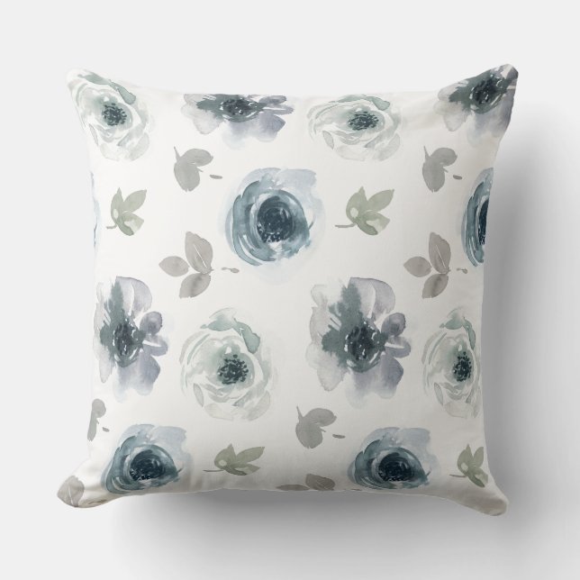 Coussin jeté fleurs aquarelle bleue et grise (Recto)