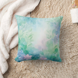 Coussin jeté floral bleu vert aquarelle