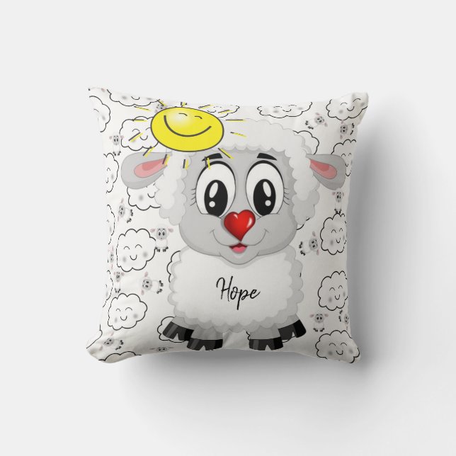 Coussin Jeté Moutons Soleil Nuages Cœurs Rouges (Recto)