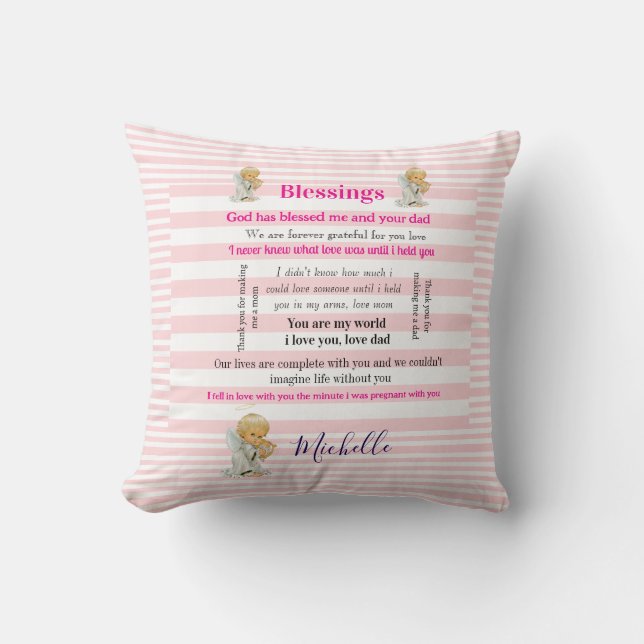Coussin Jeté Rose et Blanc à Rayures Bénédictions  (Recto)