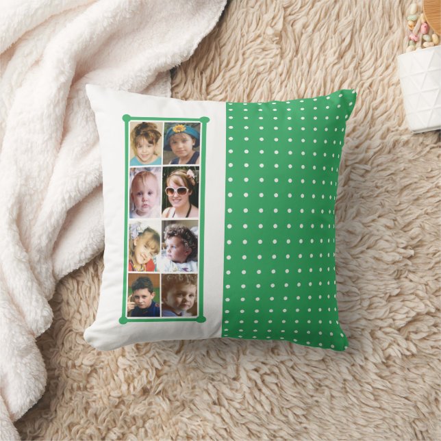 Coussin jeté vert à pois collage de 16 photos (Couverture)
