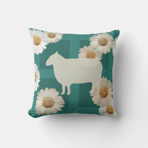 Coussin jeté vert foncé avec moutons et pâquerette