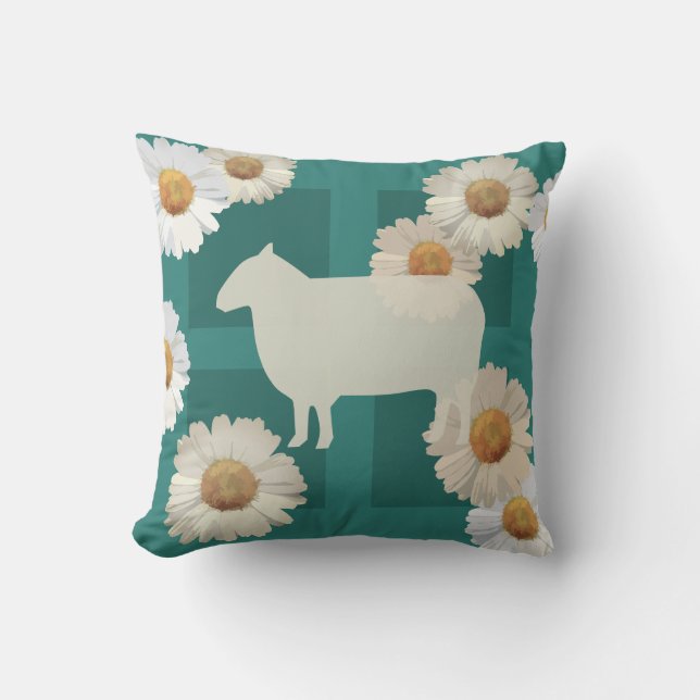 Coussin jeté vert foncé avec moutons et pâquerette (Recto)