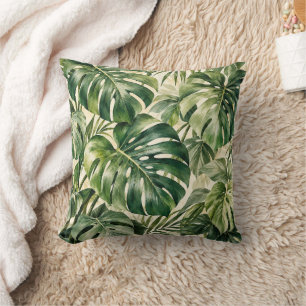 Coussin jeté vert Monstera tropical en aquarelle P