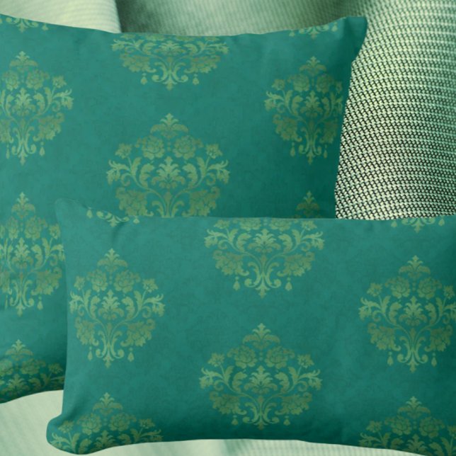 Coussin jeté vintage damas sarcelle médaillons dor (Antique teal damask elegance!)