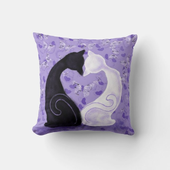 Coussin jeté violet couple chat cœur papillons (Recto)
