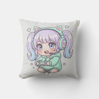 Coussin Jeter l'oreiller - Enthousiaste Chibi Gamer Girl