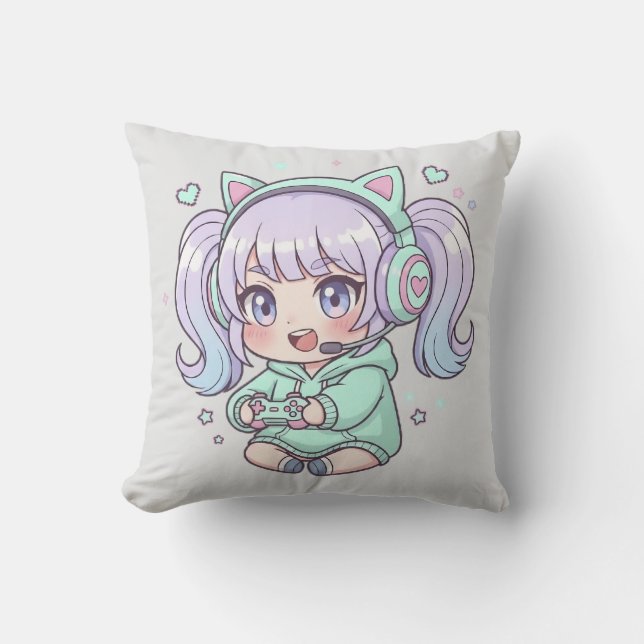 Coussin Jeter l'oreiller - Enthousiaste Chibi Gamer Girl (Recto)