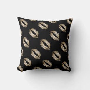Coussin Jeter l'oreiller/noir avec lèvres d'or