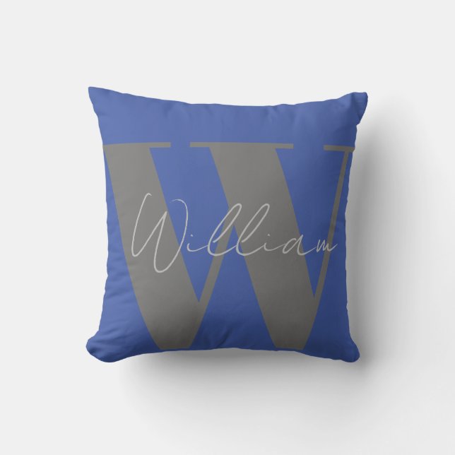 Coussin Jeter Pillow Monogramme nom bleu gris élégant cade (Recto)