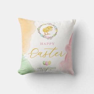 Coussin Jets d'aquarelle pastel et poussin Joyeuses Pâques