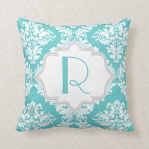 Coussin Jeu de motif damassé blanc bleu Aqua
