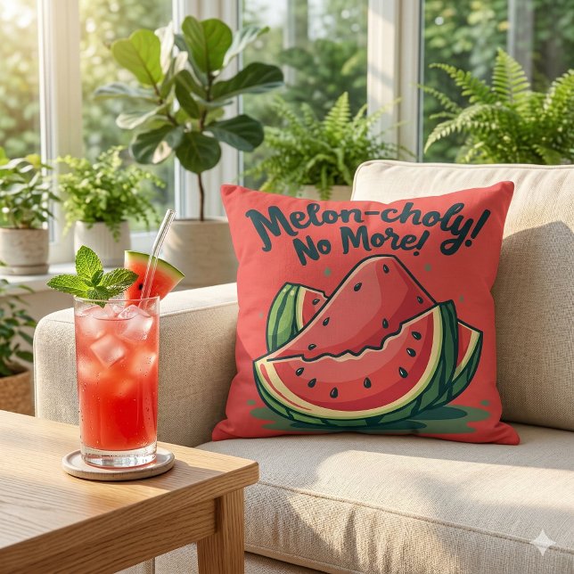 Coussin Jeu de mots amusant sur la pastèque "Melon-choly N (Funny Watermelon Pun Melon-choly No More Throw Pillow Mockup A)