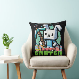Coussin Jeu de pixels de lapin de Pâques heureux 