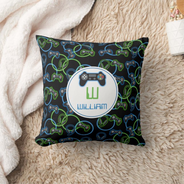 Coussin Jeu vidéo Neon Blue & Green Motif Monogramme (Couverture)