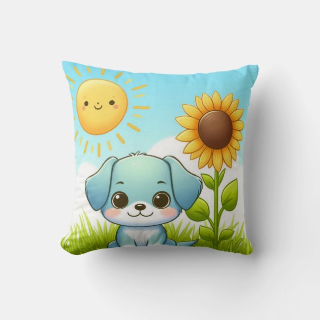 Coussin Jeune chien adorable avec tournesol et soleil sour (Recto)