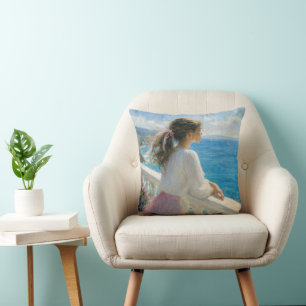 Coussin Jeune Femme sur un Balcon Océanique Impressionnism