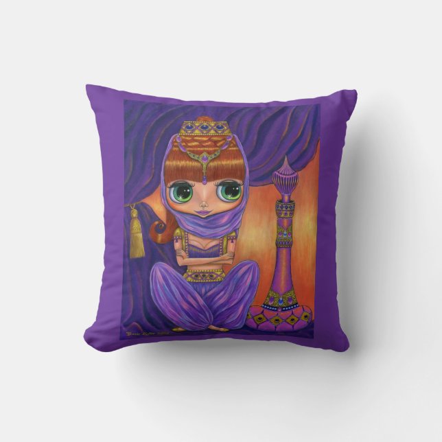 Coussin Jeune fille de génie bijoux en violet avec bouteil (Recto)