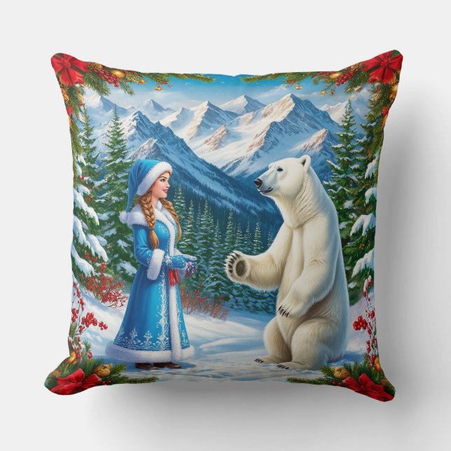 Coussin Jeune fille de neige avec décoration festive et ou (Recto)