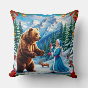 Coussin Jeune Fille de Neige Scène hivernale Enchantée