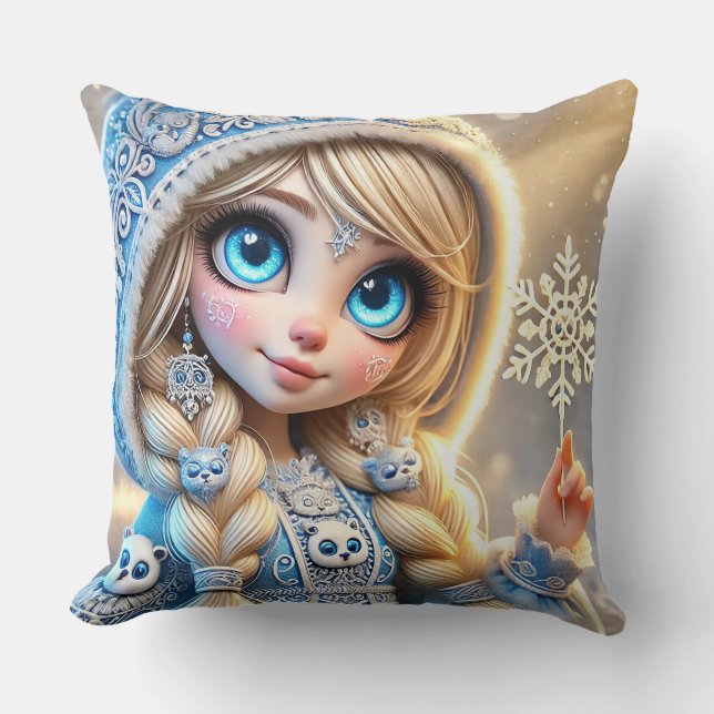 Coussin Jeune fille des neiges avec flocon de neige scinti (Recto)
