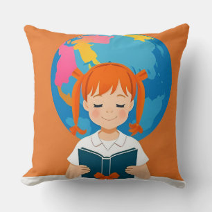 Coussin Jeune fille lisant un livre avec un globe vibrant