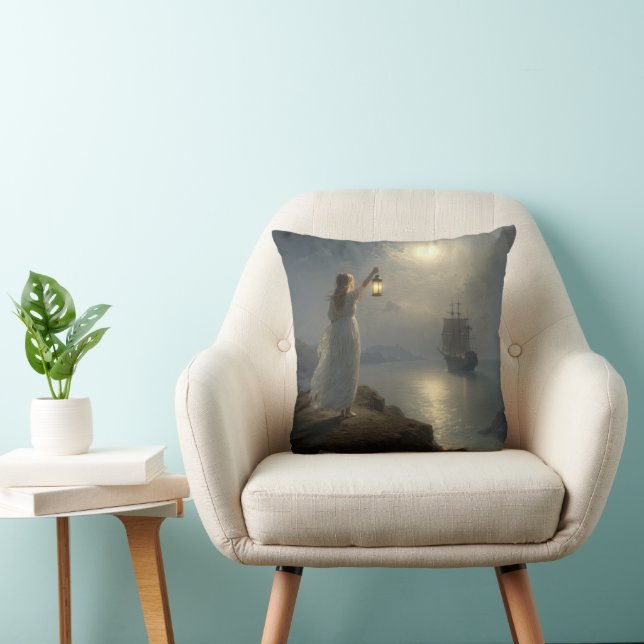 Coussin Jeune fille tenant une lanterne dans un port (Chaise)
