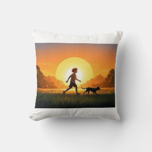 Coussin Jeune garçon avec chien au coucher du soleil