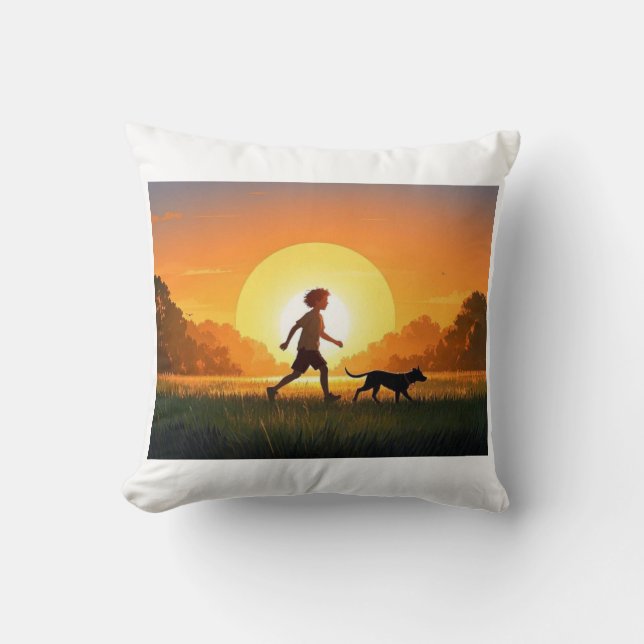 Coussin Jeune garçon avec chien au coucher du soleil (Recto)