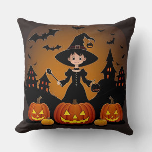 Coussin Jeune sorcière avec citrouilles et maisons hantées