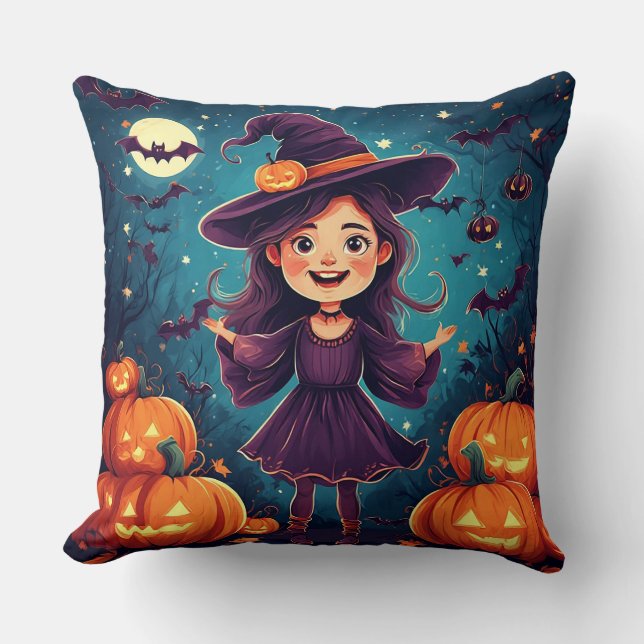 Coussin Jeune sorcière parmi des citrouilles lumineuses (Recto)