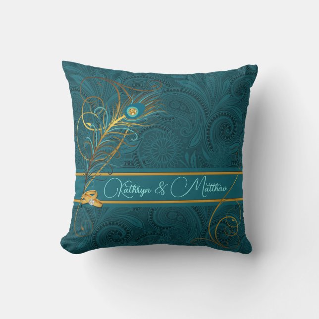 Coussin Jeunes mariés Teal Peacock et Gold Nom personnalis (Recto)