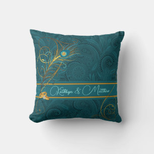 Coussin Jeunes mariés Teal Peacock et nom personnalisé Gol