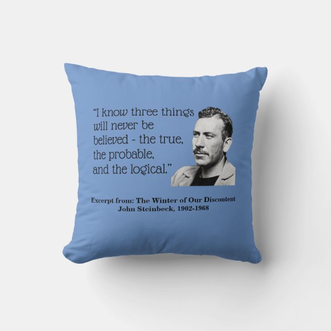 Coussin John Steinbeck, je sais trois choses, bleu (Recto)