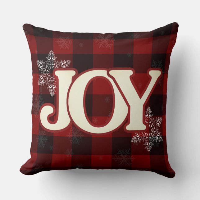 Coussin JOIE blanche de Noël Élégant motif carreau rouge d (Recto)