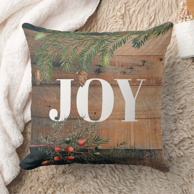 Coussin Joie de Noël en bois rustique (Couverture)