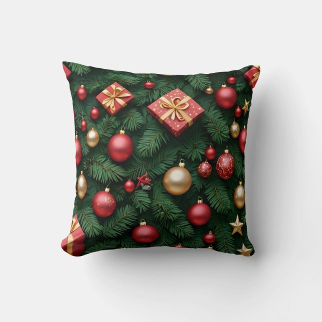 Coussin "Joie festive — Magie de Noël rouge et or" (Recto)