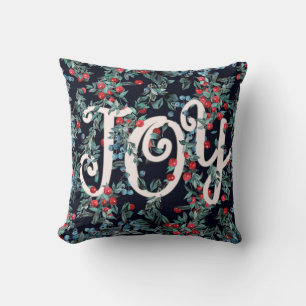 Coussin Joie! Motif de baies rouges festives de Noël