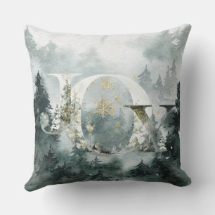 Coussin Joie Winter Woodland Mountain Forest Gold Snowflak