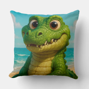 Coussin Joli Alligator Caricature souriant sur une plage t