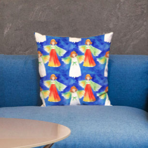Coussin Joli Angels Gardiens Colorés Aquarelle Bleu Enfant