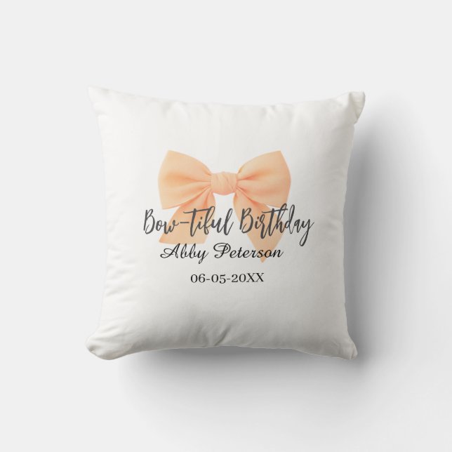 Coussin Joli anniversaire ruban orange nom date simple pas (Recto)