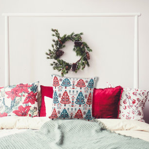 Coussin Joli arbre de Noël scandinave folk art rouge bleu