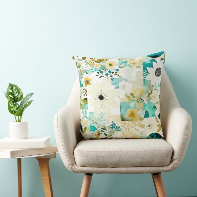 Coussin Joli Art folklorique Fleurs blanches et turquoise (Chaise)