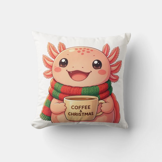 Coussin Joli Axolotl Buvant du Café Accent de Noël  (Recto)