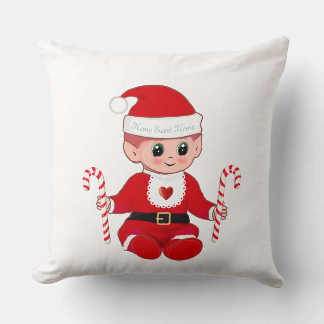 Coussin Joli bébé elfe du Père Noël de Noël et cannes à su (Recto)