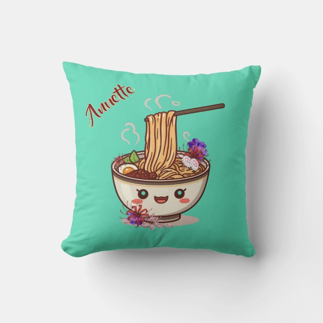Coussin Joli bol de Ramen sarcelle Floral (Recto)