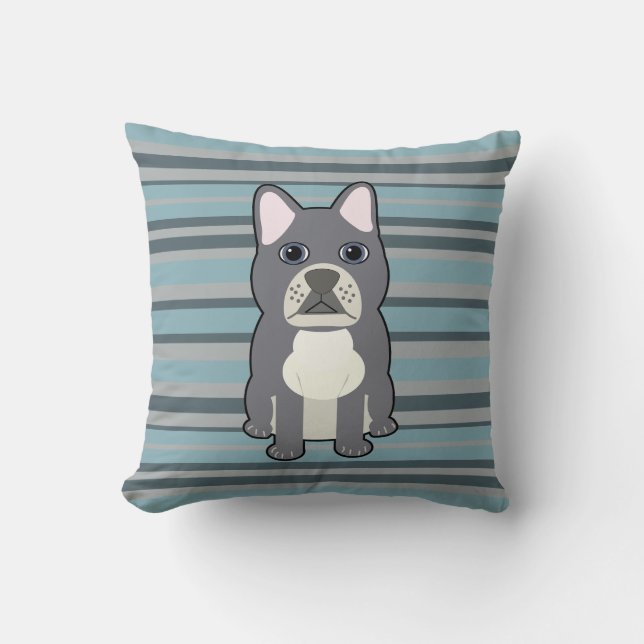 Coussin Joli Bouledogue Français rayé bleu (Recto)