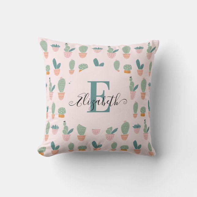 Coussin Joli Cactus Cactées Plante Grasse Rose Monogramme (Recto)